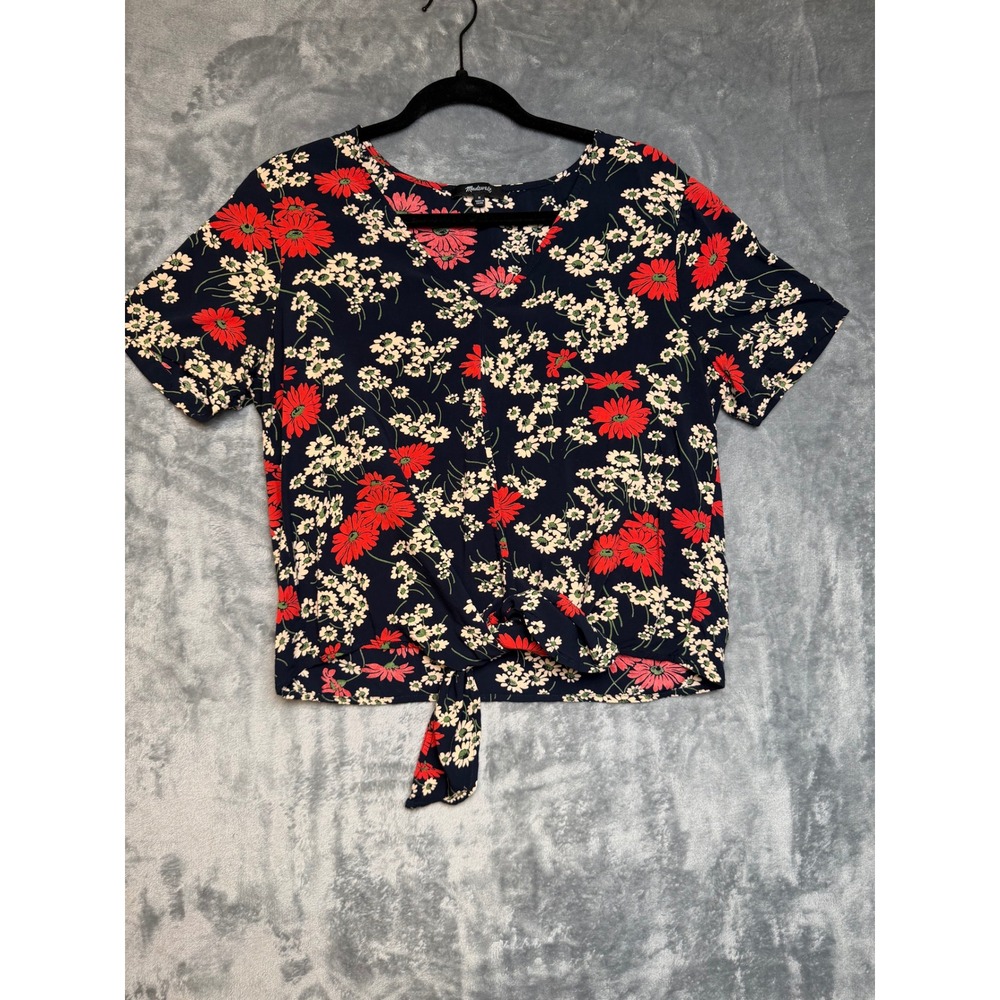 Madewell Navy Blue Red Floral Tie Front V-Neck Short Sleeve Blouse Top Medium